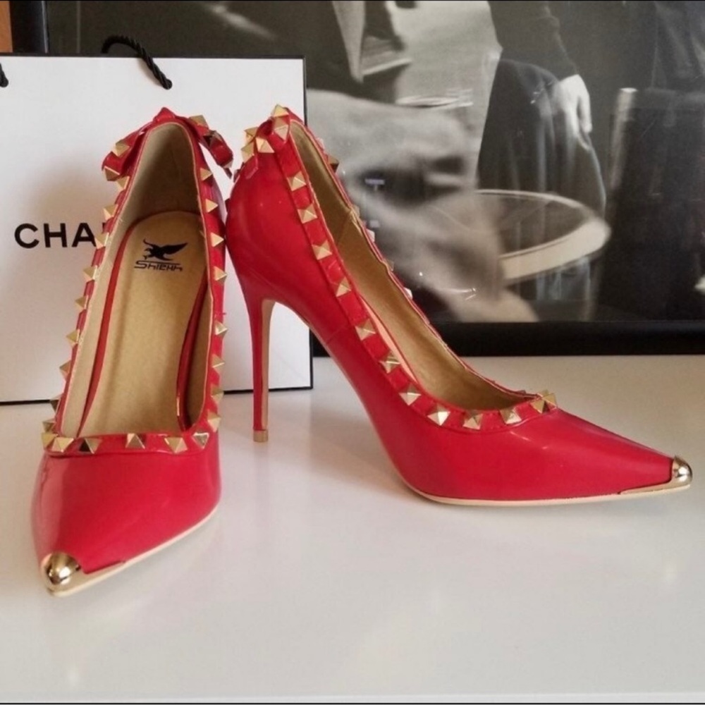 NIB Shiekh Mandi Red Patent Studded Heels Pointed Toe Pumps 8